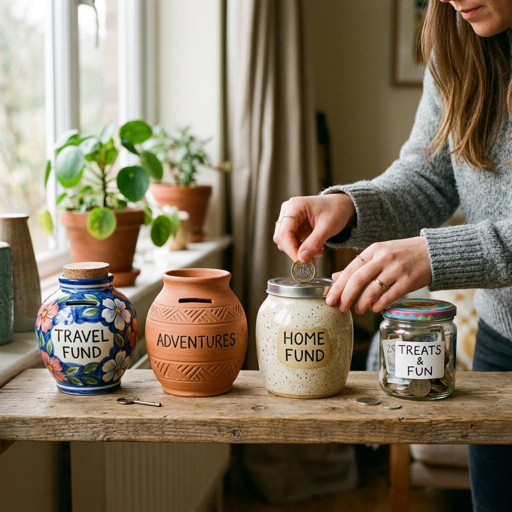 Four labeled savings jars on a wooden table with a person inserting a coin into the home fund jar