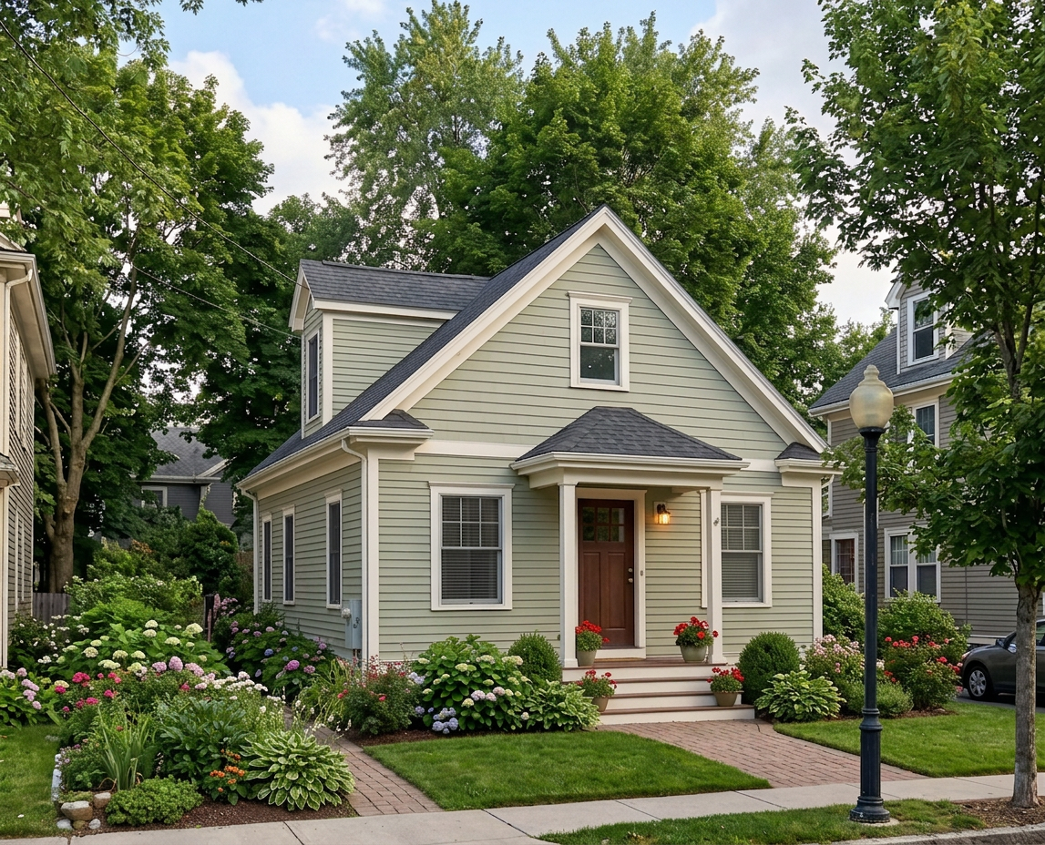 Two-story beige house with front porch and 'For Rent' sign